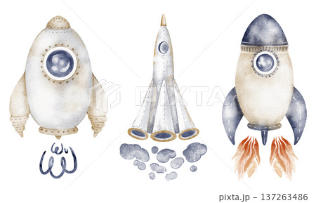 Rocket ship illustration watercolor hand painted drawing isolated on white. Space rocket cartoon clipart with flame, speed and launch element. Design for print, sticker, party decoration, kid project. Rocket ship illustration watercolor hand painted drawing isolated on white. Space rocket cartoon clipart with flame, speed and launch element. Design for print, sticker, party decoration, kid project. 137263486