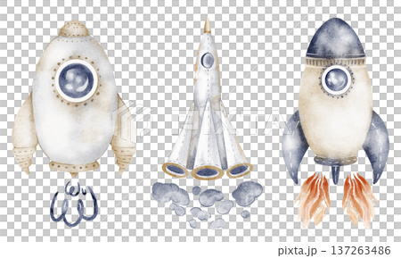 Rocket ship illustration watercolor hand painted drawing isolated on white. Space rocket cartoon clipart with flame, speed and launch element. Design for print, sticker, party decoration, kid project. Rocket ship illustration watercolor hand painted drawing isolated on white. Space rocket cartoon clipart with flame, speed and launch element. Design for print, sticker, party decoration, kid project. 137263486