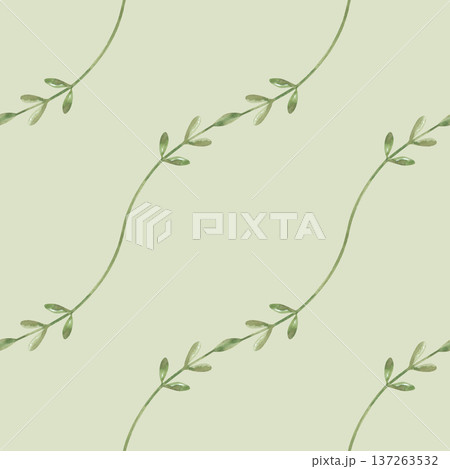 Minimalistic seamless pattern of thin twigs on a light green background. Diagonal botanical ornament with green leaves. Background for wrapping paper, wallpaper, textiles, dishes. Minimalistic seamless pattern of thin twigs on a light green background. Diagonal botanical ornament with green leaves. Background for wrapping paper, wallpaper, textiles, dishes. 137263532