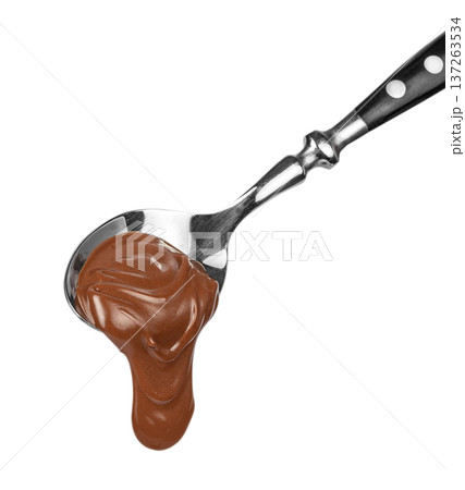 Spoon with Glossy Melted Chocolate Isolated on Light Background Spoon with Glossy Melted Chocolate Isolated on Light Background 137263534