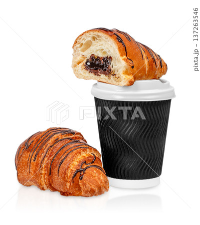 Chocolate Croissants with Takeaway Coffee Cup Isolated on Light Background 137263546