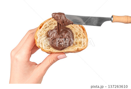 Close Up of Chocolate Cream Being Spread on Croissant Close Up of Chocolate Cream Being Spread on Croissant 137263610
