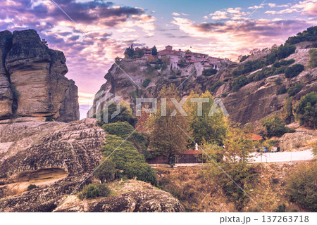 Sunset over Varlaam monastery in Meteora, Greece Sunset over Varlaam monastery in Meteora, Greece 137263718