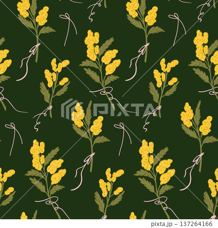 Seamless Yellow Wildflower Pattern on Dark Green, Elegant Botanical Floral Repeat with Meadow Flowers in Vintage Cottage Garden Style Seamless Yellow Wildflower Pattern on Dark Green, Elegant Botanical Floral Repeat with Meadow Flowers in Vintage Cottage Garden Style 137264166