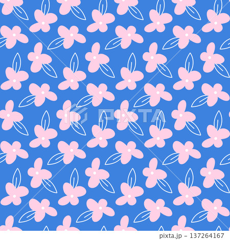 Soft Blue Seamless Pattern with Tiny Pink Blossoms, Delicate Spring Floral Repeat in Pastel Colors, Feminine Botanical Illustration with Small Flowers 137264167