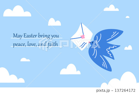 A card with a bright Easter bird flying across the sky with an envelope in its beak and a wish 137264172