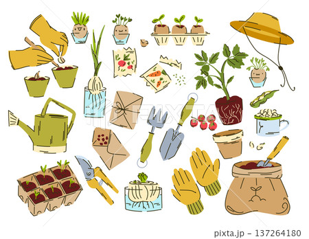 Large Hand-Drawn Gardening Tools and Plant Cultivation Elements in Doodle Style 137264180
