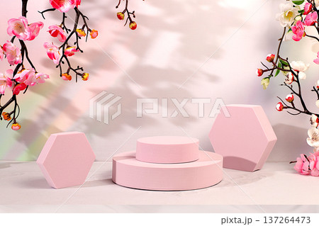 Abstract composition of empty geometric podiums for cosmetic products on a colorful background with pink sakura flowers for design, beautiful spring podium and template for your creativity, 137264473