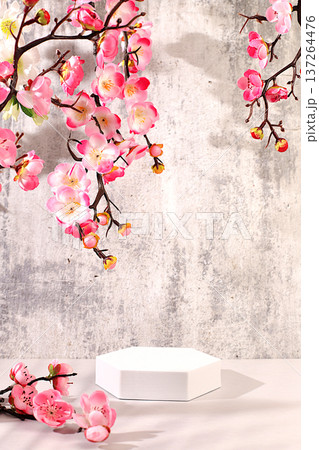 Abstract composition of empty geometric podiums for cosmetic products on a colorful background with pink sakura flowers for design, beautiful spring podium and template for your creativity, Abstract composition of empty geometric podiums for cosmetic products on a colorful background with pink sakura flowers for design, beautiful spring podium and template for your creativity, 137264476