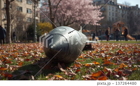 A ballistic missile resting on green grass surrounded by blooming spring flowers in a quiet city park. Conceptually, it explores geopolitical conflict, the environmental impact of war. 137264480