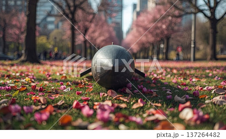 A ballistic missile resting on green grass surrounded by blooming spring flowers in a quiet city park. Conceptually, it explores geopolitical conflict, the environmental impact of war. 137264482