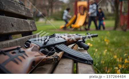 A rifle lying on a park bench, against a blurred backdrop of a playground and children. Conceptualizing gun control, public safety, and social risks. A rifle lying on a park bench, against a blurred backdrop of a playground and children. Conceptualizing gun control, public safety, and social risks. 137264484
