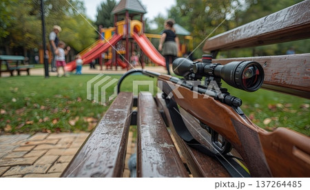 A rifle lying on a park bench, against a blurred backdrop of a playground and children. Conceptualizing gun control, public safety, and social risks. A rifle lying on a park bench, against a blurred backdrop of a playground and children. Conceptualizing gun control, public safety, and social risks. 137264485