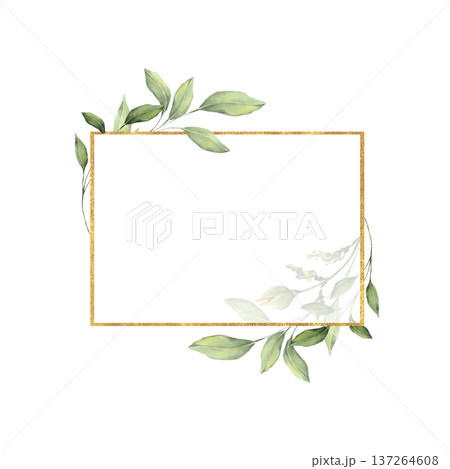 Rectangular golden frame with botanical green branches 137264608