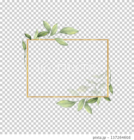 Rectangular golden frame with botanical green branches 137264608