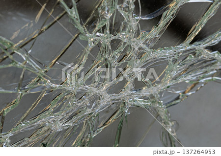 Close up of broken glass with detailed spiderweb crack texture. 137264953