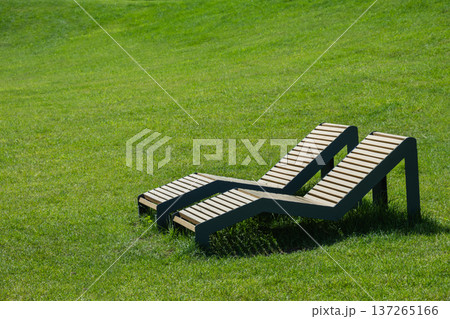 Modern wooden sun loungers on green lawn Modern wooden sun loungers on green lawn 137265166