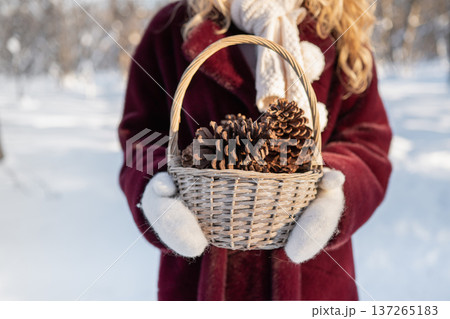 Woman holding basket with pine cones in winter park 137265183