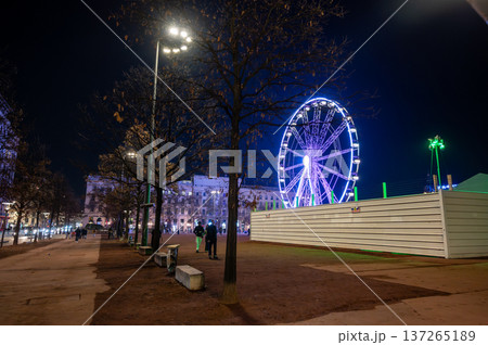 Lyon, france. December 27, 2023. Ferris wheel shining in vibrant colors at night, attracting people to the urban park. City lights and trees frame the scene Lyon, france. December 27, 2023. Ferris wheel shining in vibrant colors at night, attracting people to the urban park. City lights and trees frame the scene 137265189