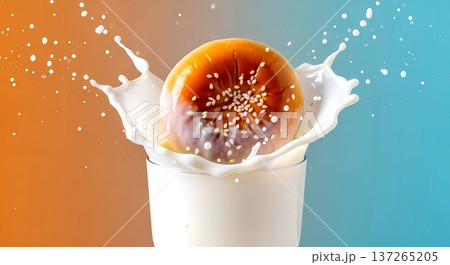 splash art, a warm anpan (red bean bun) being dipped into a glass of cold milk, featuring explosion of milk droplets and tiny sesame seeds suspended in air 137265205