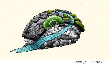 Biomorphic Surrealism Style. a piece of nigiri with rice grains like pebbles and fish as a flowing river, in a palette of mineral grey, jadeite green, quartz white 137265206