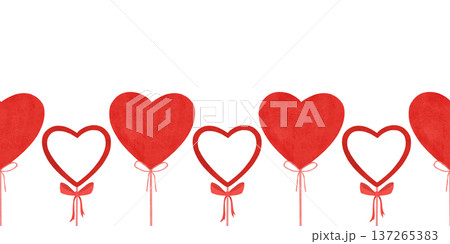 Seamless border. Red, scarlet heart shaped balloons on a stick, with a ribbon. Set of elements in a flat style. Watercolor, pastel. Design element Seamless border. Red, scarlet heart shaped balloons on a stick, with a ribbon. Set of elements in a flat style. Watercolor, pastel. Design element 137265383