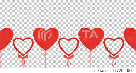 Seamless border. Red, scarlet heart shaped balloons on a stick, with a ribbon. Set of elements in a flat style. Watercolor, pastel. Design element Seamless border. Red, scarlet heart shaped balloons on a stick, with a ribbon. Set of elements in a flat style. Watercolor, pastel. Design element 137265383