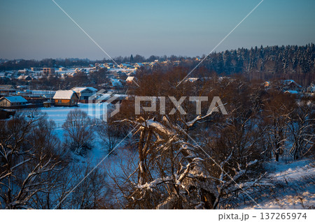 Winter russian Village Panorama with river Winter russian Village Panorama with river 137265974