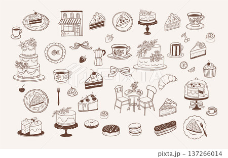 Retro pastry shop and bakery icons, logos and labels set. Vintage illustrations of cakes, coffee Retro pastry shop and bakery icons, logos and labels set. Vintage illustrations of cakes, coffee 137266014