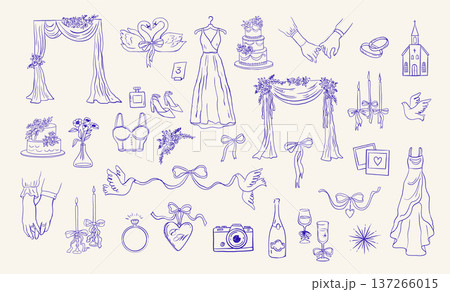 Wedding hand drawn whimsical ink drawings and elements. Mediterranean, Italy and France inspired Wedding hand drawn whimsical ink drawings and elements. Mediterranean, Italy and France inspired 137266015