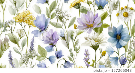 Elegant Wildflower Meadow Seamless Pattern with Blue Bellflowers and Lavender 137266048