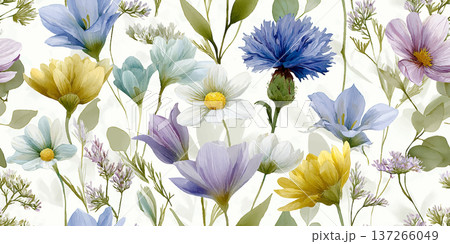 Elegant Wildflower Meadow Seamless Pattern with Blue Bellflowers and Lavender 137266049