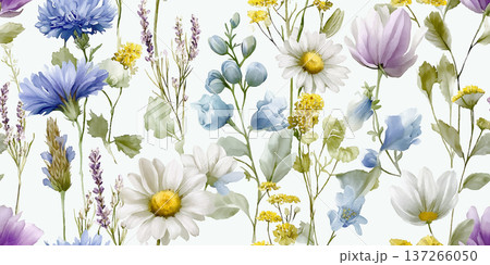 Elegant Wildflower Meadow Seamless Pattern with Blue Bellflowers and Lavender 137266050
