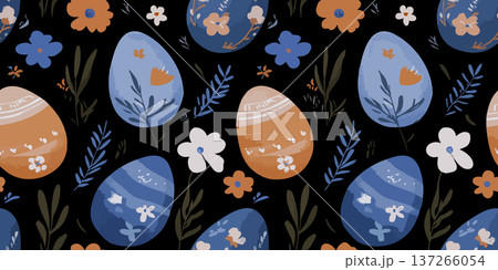 Folk Art Style Easter Egg Seamless Pattern with Blue and Orange Floral Ornaments 137266054
