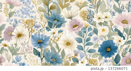 Vibrant Multi Color Wildflower Meadow Seamless Pattern with Blue and Pink Floral Accents 137266071