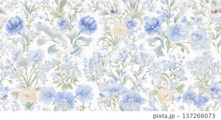 Intricate Blue Wildflower Seamless Pattern with Dense Botanical Foliage for Fashion Print 137266073