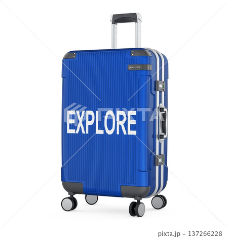 Explore travel, concept. Suitcase on wheels, symbolizing travel, tourism and adventure, 3d rendering 137266228