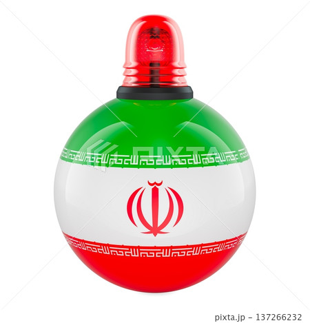 Iran flag sphere with red alarm siren, symbolizing conflict and military escalation, 3d rendering 137266232