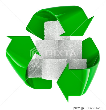 Recycling symbol around sugar cubes, sustainable sweets production concept. 3d rendering 137266238