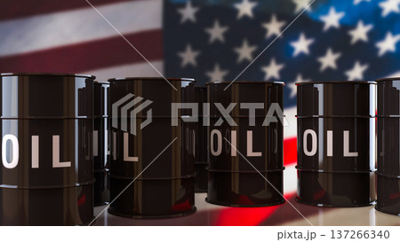Oil Barrels With United States Flag Energy Industry Concept 3d render. 137266340