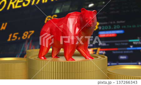 Red Bear On Gold Coins Stock Market Downtrend Concept 3d render. Red Bear On Gold Coins Stock Market Downtrend Concept 3d render. 137266343