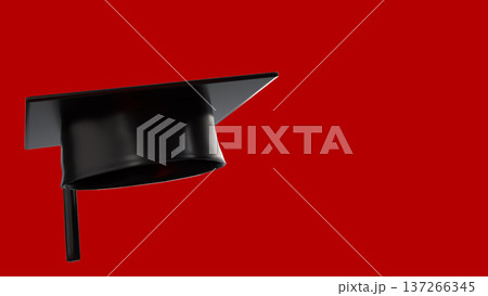 Minimal Black Graduation Cap on Red Background 3d render. Minimal Black Graduation Cap on Red Background 3d render. 137266345