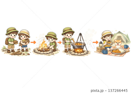 キャンプでカレーを作る子供達 137266445
