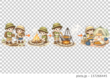キャンプでカレーを作る子供達 137266445