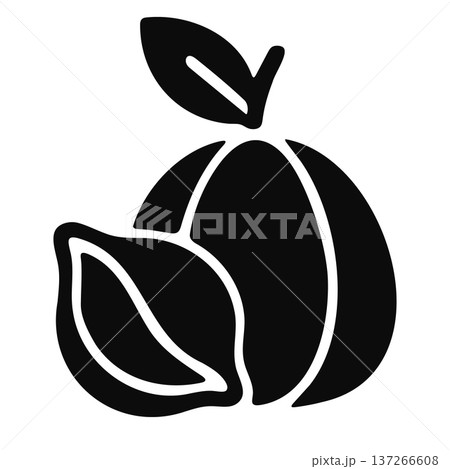 Black silhouette of two nuts, one cracked open, showing the kernel inside, with a leaf Black silhouette of two nuts, one cracked open, showing the kernel inside, with a leaf 137266608