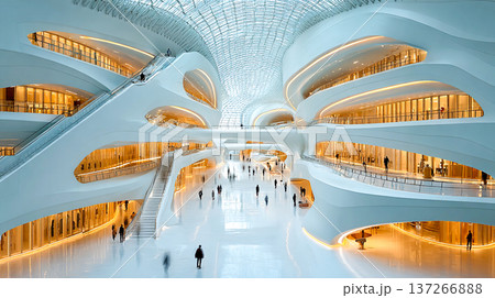 Airport or station lobby with crowd of people movement. Urban fast pass scene. Modern shopping mall interior with blurred silhouettes. Business center wide shot. Urbanism. This is AI-generated item 137266888