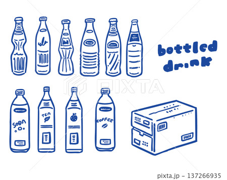 段ボールといろいろな飲料のペットボトル　線画イラストセット 137266935