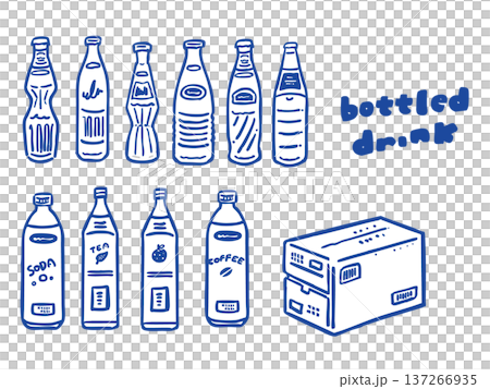 段ボールといろいろな飲料のペットボトル　線画イラストセット 137266935