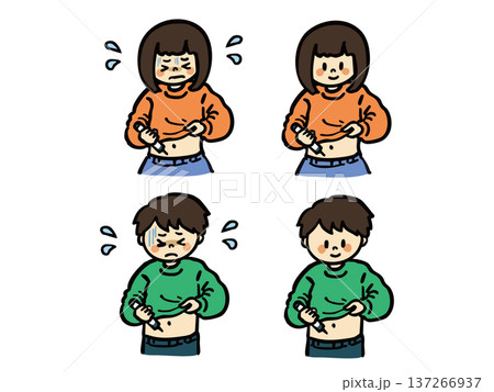 お腹に注射を刺す女の子と男の子のイラストセット　不安顔差分 137266937