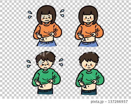 一組插圖，描繪了一個男孩和一個女孩在腹部注射針劑——焦慮的表情差異 137266937